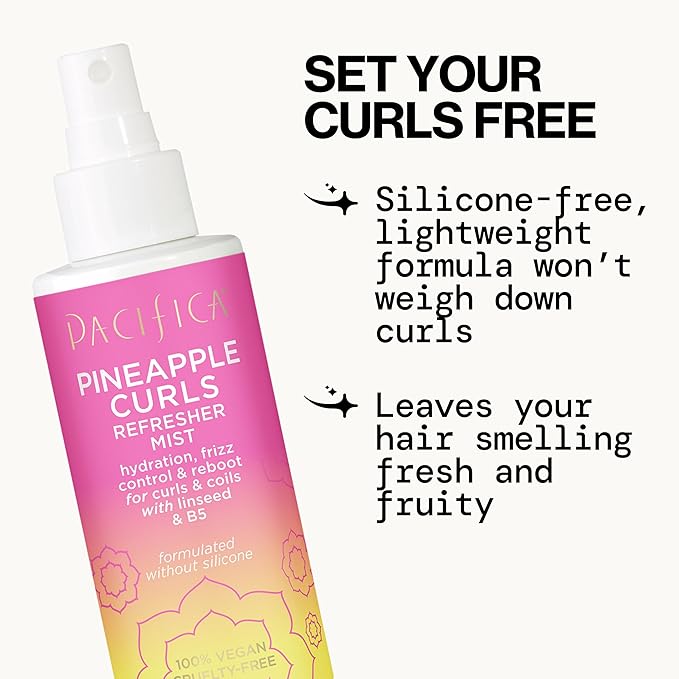 Pacifica Pineapple Curls Refresher Mist-Curl Refresher Spray, with Hyaluronic Acid, Vitamin B5 & Plant Oils, Vegan & Dermatologist Tested Curly Hair Products and Wavy Hair Products-4 Fl Oz(Pack of 2)