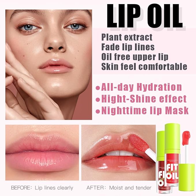 4 Colors Big Brush Head Lip Oil, Smooth Glossy Lip Glow Oil, Ultra-Hydrating & Nourishing, Long Lasting Fresh Transparent Tinted Plumping Lip Oil, Non-Sticky Formula (SetB)