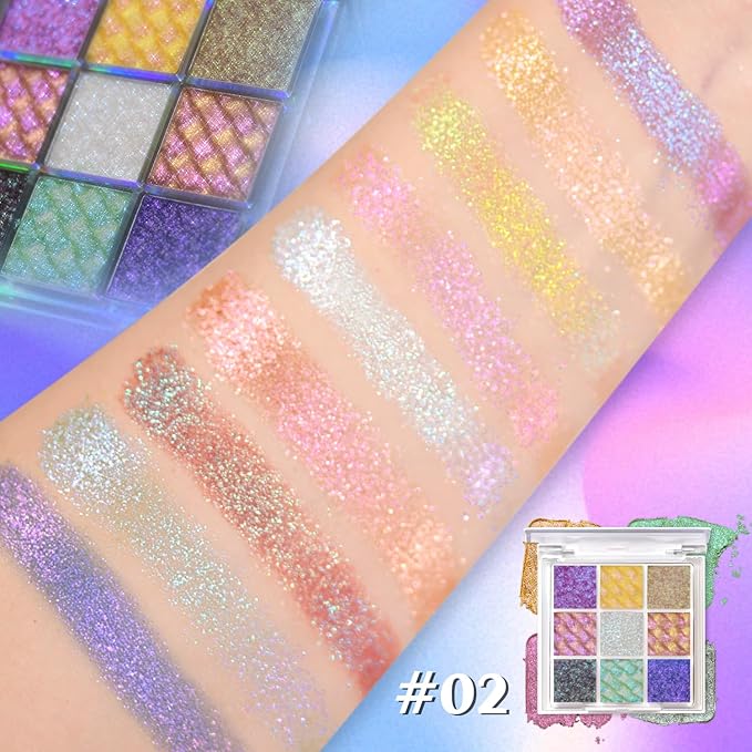 Multichrome Eyeshadow Palette,9 Color Change Glitter Chameleon Eye Shadow,High Pigmented Waterproof Long-Lasting 100% Vegan Cruelty Free Duo Chrome Eye Makeup For Women (#02)