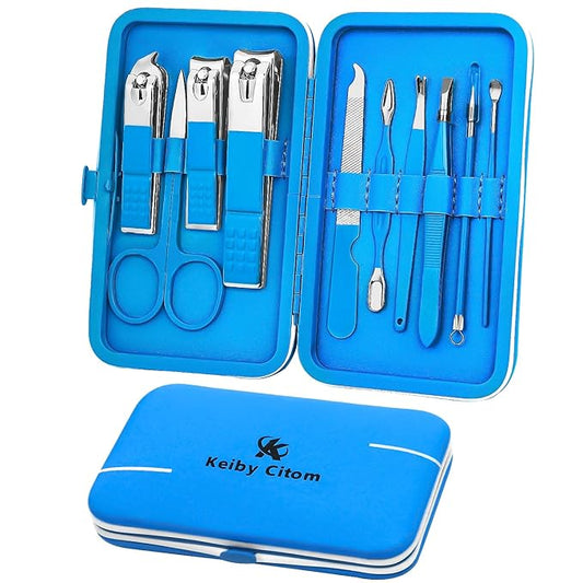 Manicure Set, Travel Mini Nail Clippers Kit Pedicure Care Tools, 10pcs Stainless Steel Grooming kit (Blue)