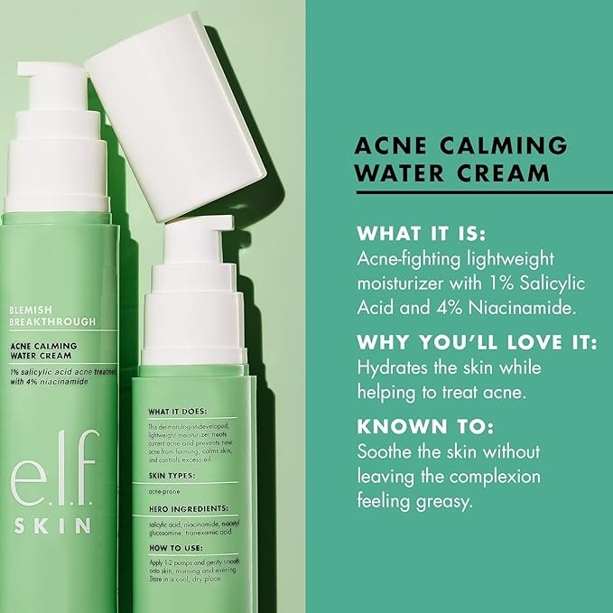 e.l.f. SKIN Blemish Breakthrough Calming Water Cream, Lightweight Blemish-Fighting Face Moisturiser, Prevents New Blemishes & Calms Skin (Pack of 2)