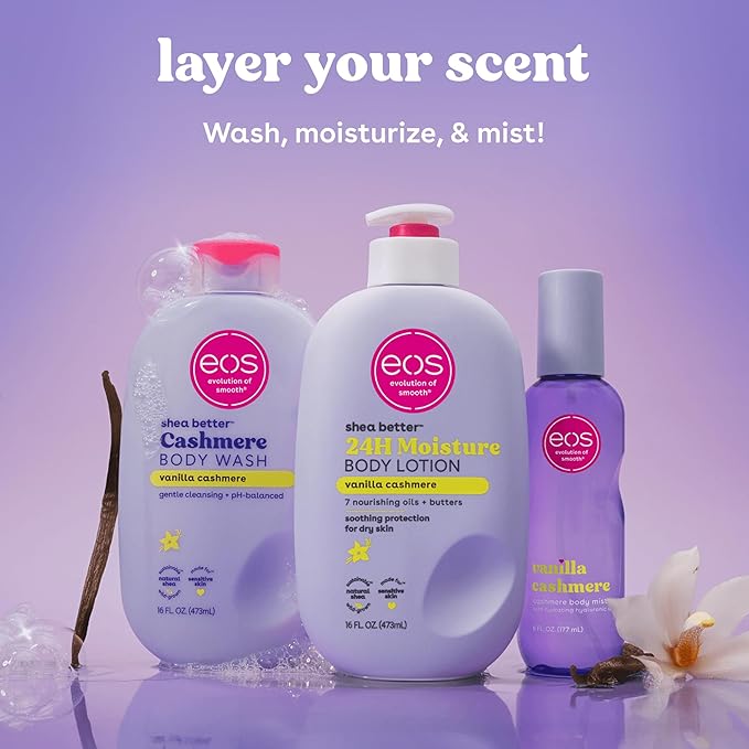 eos Cashmere Body Mist, Vanilla Cashmere, Soft Musk, Cozy Caramel, Hair Mist, Body Spray for Women Moisturizing, Hyaluronic Acid, Vanilla Body Spray, Vegan, Cruelty-free, 6 fl oz