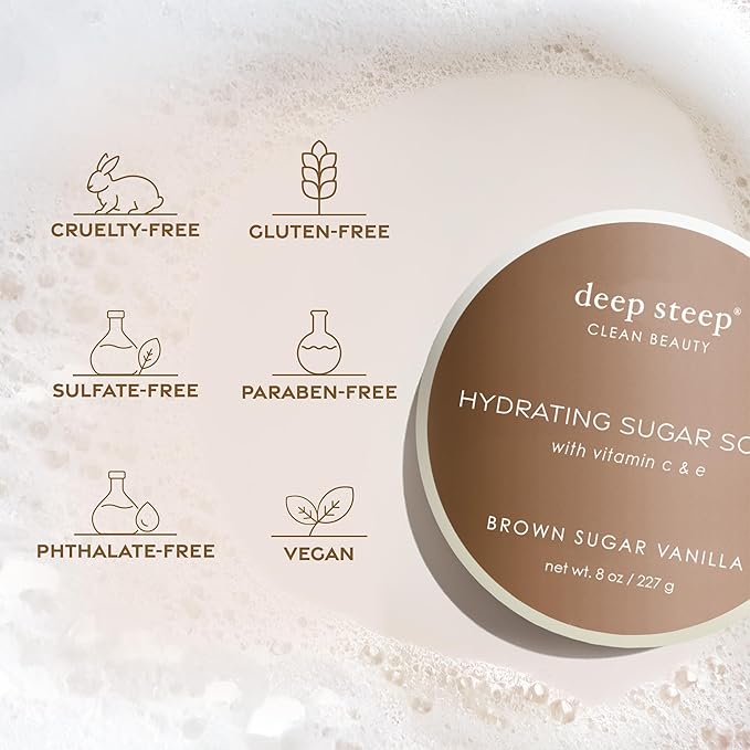 Deep Steep Sugar Scrub, Brown Sugar Vanilla, 8 oz – Exfoliating Body Scrub with Organic Coconut Oil, Shea Butter & Argan Oil – Vegan, Clean Beauty, Smooth, Soft & Nourished Skin