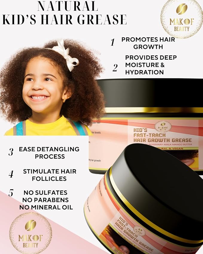 Kid's Hair Growth Grease with Raw Organic and Pure Batana Extract, Rosemary, Fenugreek, Amla oil Mango Butter. Improve Elasticity. Perfect Curly, coily and straight Hair types. 120 Ml