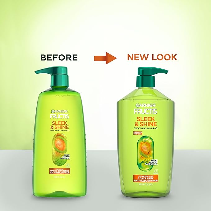 Garnier Fructis Sleek & Shine Shampoo, Smoothing Shampoo for Frizzy, Dry Hair with Argan Oil and Vegan Keratin, 33.8 Fl Oz (Packaging May Vary)