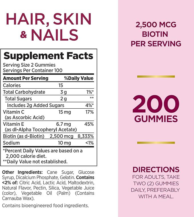 Nature's Bounty Optimal Solutions Hair, Skin and Nails Gummies with Biotin, 2500 mcg, Strawberry Flavored, 200 Count, 100 Total Servings