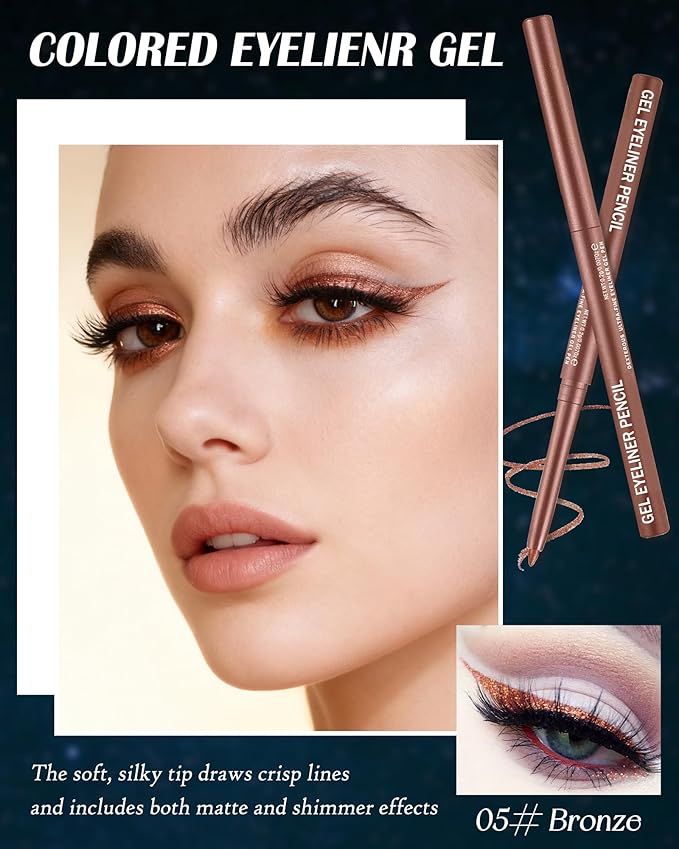 Bronze Glitter Gel Eyeliner Pencil Waterproof, Metallic Retractable Cream Smooth Eye Liner Pencils, Long Lasting Waterline Hypoallergenic Precision Eyeliner Pencil, Smudge-Proof Makeup for Women-05