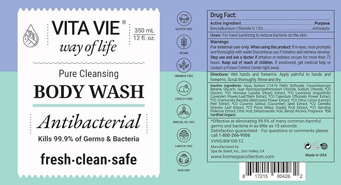 Body Wash, Lemon Scent, Antibacterial Soap for Hands and Forearms With Hazel, Willow Bark Extract, and Tea Tree Oil, Clean Nourishing Formula, Vegan, Paraben Free, Non GMO, 12 FL Oz