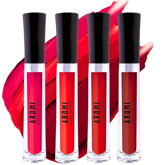 Aromi Matte Liquid Lipstick Bundle | Long-Lasting Lip Colors for Women, Magenta, Bright, True, Dark Red (Red Liquid Lipstick Bundle) | Matte Finish, Four Red Shades, Vegan, Cruelty-free, Long-Lasting