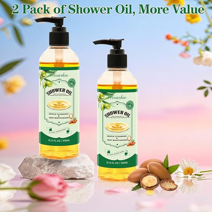 2 Pack Shower Oil with Organic Argan - Moisturizing Body Wash for Women, Natural & Vegan, for Sensitive Skin - Deep Hydration & Silky Smooth Feel (Rooftop Garden)