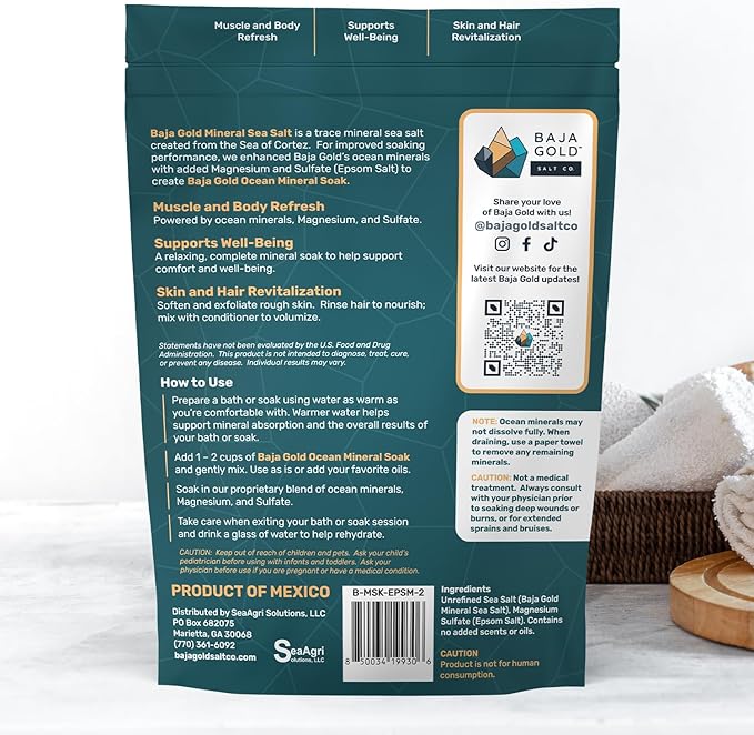Baja Gold Ocean Mineral Soak – Natural Magnesium Bath Soak & Trace Elements | Relaxing, Clean Ingredient Soak for Bath, Muscles, Relaxation & Skin Care | Pure, Vegan, 2 Lb Resealable Bag, Unscented