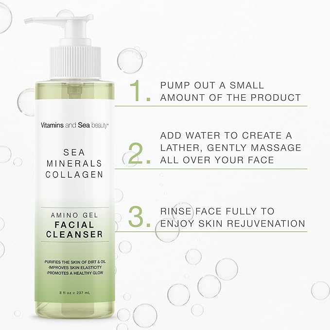 Amino Gel Facial Cleanser with Sea Minerals & Collagen – Radiance, Oil Control, and Elasticity – Vegan, Paraben-Free, 8 fl oz