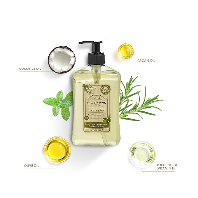 A LA MAISON Rosemary Mint French Liquid Hand Soap - Natural Hand Wash Made with Essential Oils - Biodegradable, Plant-Based, Vegan, Cruelty-Free, Alcohol & Paraben Free (16.9 oz, 6 Pack)