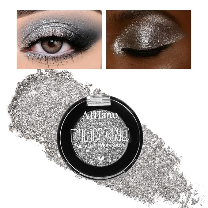 Silver Glitter Eyeshadow Single, High Impact Gray Silver Sparkle Eyeshadow for Smokey Eyes, Blendable Pigmented Long Lasting Metallic Eye Shadow, Shiny Minerals Pressed Powder Eye Glitter, Vegan #11H