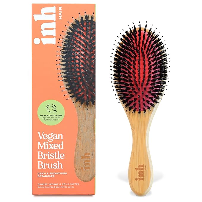 INH Boar Bristle Hair Brush | Smoothing Detangler Brush with Soft Vegan Mixed Bristles for Wet & Dry Hair | Detangling Anti-Frizz Wood Paddle Brush for Wig, Extensions, Human & Synthetic Hair | Peach