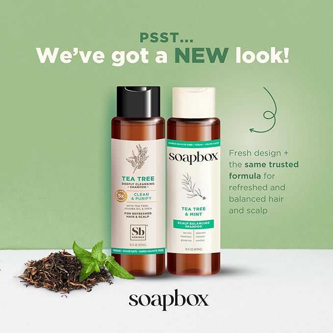 Soapbox Tea Tree Shampoo and Conditioner Set | Tea Tree Oil, Jojoba Oil, Aloe & Shea Butter to Clean & Purify All Hair Types | Paraben Free, Silicone Free, Harsh Sulfate Free | 16oz (Pack of 2)