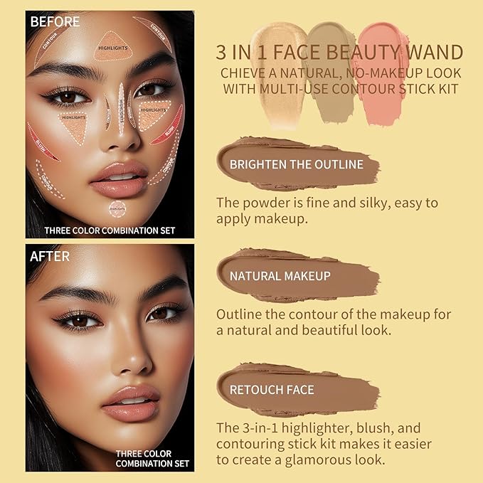 3Pcs Cream Contour Stick Makeup Kit, Shades with Highlighter, Blush and Bronzer Contour Stick for Cheeks, Lips, Eyes, Natural Face Contouring, Long Lasting, Waterproof, Matte Finish (Set C, S)