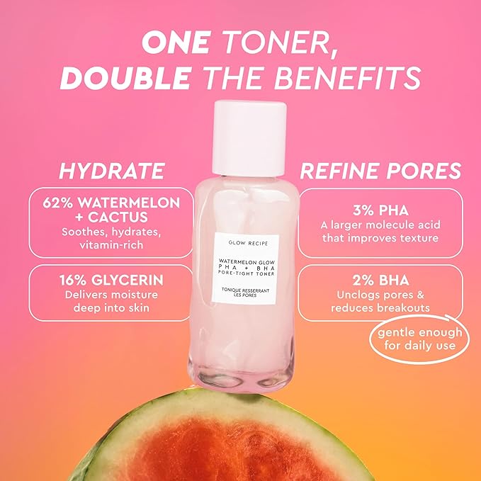 Glow Recipe PHA + BHA Face Toner, Korean Exfoliating Toner for Pores, Gentle Chemical Exfoliant + Hydrating Toner, Watermelon, Cactus Water + Glycerin (40ml)