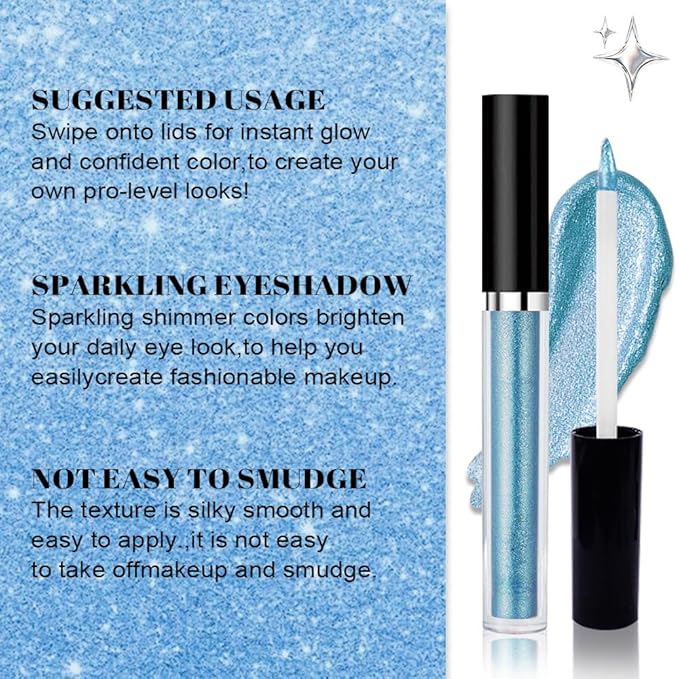 SUAKE Liquid Sparkling Glitter Eyeshadow Stick Pack - High Pigment Shimmer Metallic Eye Shadow, Long-Lasting, White Blue Black Gold Purple Bold Colors,Quicking-Dry (8#-Blue, Pack of 1)