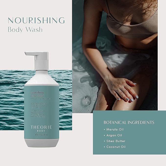 Theorie Premium Nourishing Body Wash - Made with Marula Oil, Argan Oil, Coconut Oil & Shea Butter - Featuring our Amber Rose Fragrance - Vegan - Suited for All Skin Types - Pump Bottle 500mL
