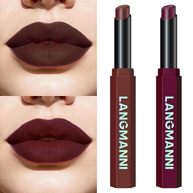 Jolilab 2Pcs Velvet Matte Lipstick Nude Matte Soft Dark Color Stick High Pigmented Long-Lasting Waterproof Lip Stick Lip Balm Beauty Cosmetics Gift for Women(#11+12)