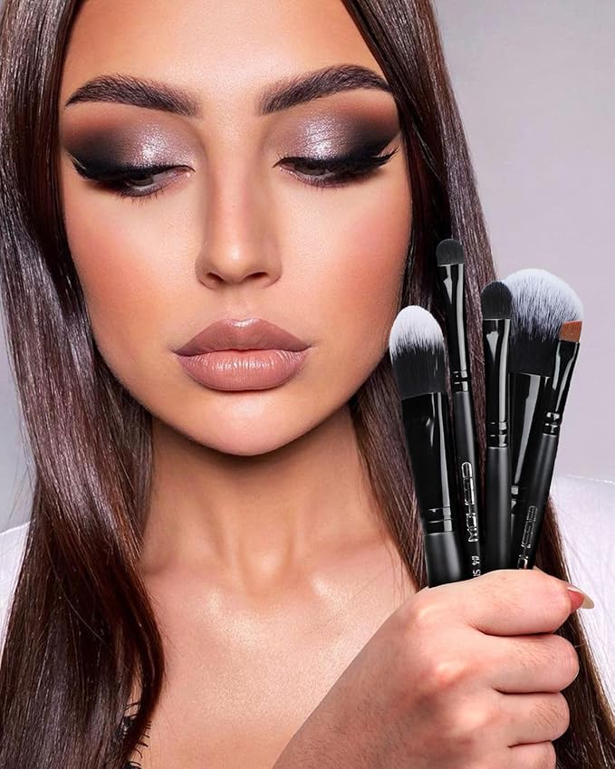 EIGSHOW 5Pcs Everyday Makeup Brush Set for Foundation Powder Eyeshadow Eyeliner, Vegan & Cruelty-Free, Travel Basic Make Up Brushes Kit for Women - Black