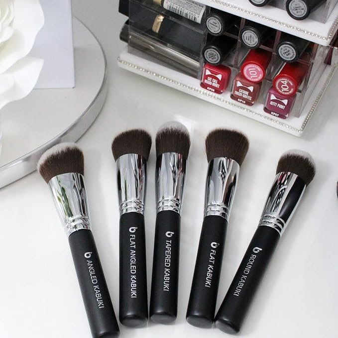 Kabuki Makeup Brush Set - Beauty Junkees 5pc Professional Make Up Brushes for Full Face Foundation, Blush, Bronzer Contour, Concealer, Mineral Powder Cosmetics, Affordable Cruelty Free