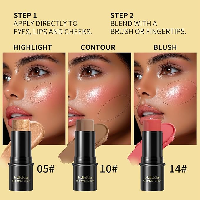 3Pcs Cream Contour Stick Makeup Kit, Shades with Highlighter, Blush and Bronzer Contour Stick for Cheeks, Lips, Eyes, Natural Face Contouring, Long Lasting, Waterproof, Matte Finish (Set C, S)