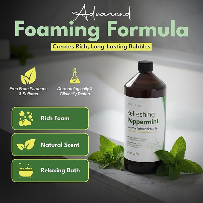 Luxury Foaming Bath - Natural Scented Bubble Bath - with Essential Oils and Epsom Salt - Refreshing Peppermint Scent, 33.8 fl oz / 1L
