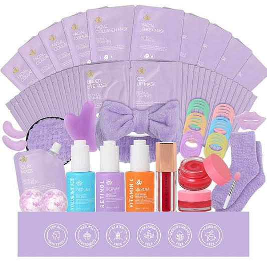 55 Pcs Valentines Day Gifts for Women, Lavender Face Sheet Mask Pack, Hydration Skin Care Kit, Overnight Gel Mask, Clay Mask, Hyaluronic Acid Face Serum, Christmas, Birthday, Mother Day