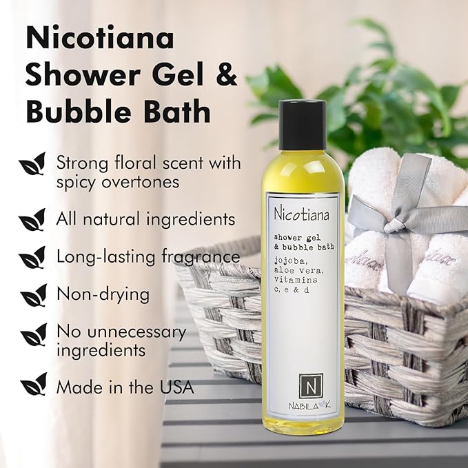 Nabila K Nicotiana Shower Gel & Bubble Bath, 2.4 oz – Non-Drying Body Wash with Jojoba, Aloe Vera & Vitamins – Naturally-Derived, Sulfate-Free – Made in USA – For Men & Women