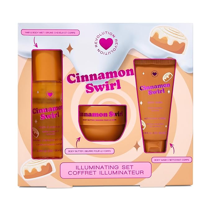 I Heart Revolution Cinnamon Swirl Gift Set, 3-Piece Bath & Body Trio, Festive Cinnamon & Vanilla Scent, Vegan & Cruelty-Free