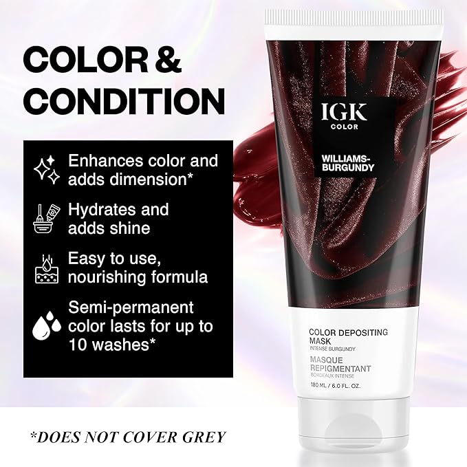 IGK Williams Burgundy Color Depositing + Conditioning Hair Mask | Intense Burgundy - Merlot Cherry Tones | Hydrating Semi-Permanent Gloss Toner Treatment