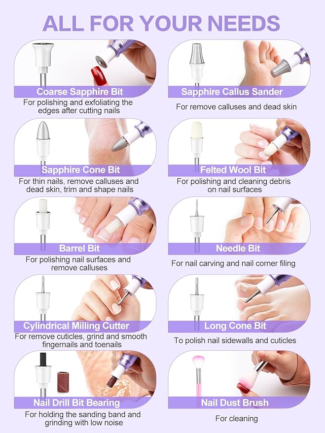 Subay Professional Manicure Pedicure Kit, Electric Nail Drill Set with LED Display, 25000RPM, 11-Piece Attachments Plus 20 Sanding Bands, Nail Grinder Tool for Women Men Baby Pets (3.Purple)