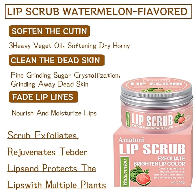 4-Color Fruit-Flavored Lip Scrub for Dry, Cracked & Dark Lips – Exfoliating & Moisturizing Lip Care with Organic Ingredients, Lip Brush – Vegan, Cruelty-Free (20g) (Watermelon flavor, 1PC)