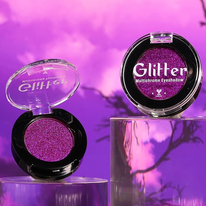 Purple Glitter Eyeshadow, Highly Pigmented Sparkly Metallic Bright Chrome Eye Shadow for Gothic Smoky Look, Long Last Holographic Rose Violet Shimmer Eye Shadow for Women and Girls, Vegan, Talc Free