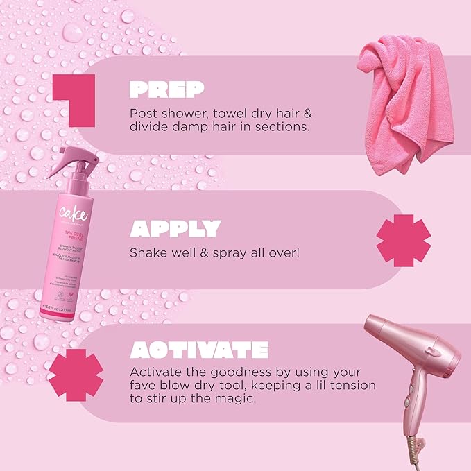 Cake Beauty Curl Blow Out Spray, Smooth Talkin' Blow Out Magic- Smooths and Straightens Curls- Sleek Strands up to 72H, 450 F Heat Protection, Fights Frizz & Humidity- For Curly Hair- 6.8 fl oz./200mL