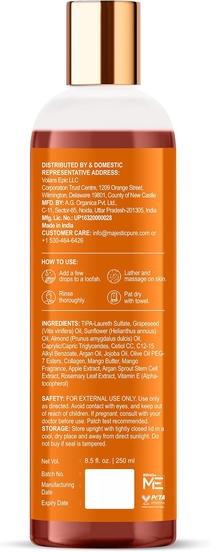 Majestic Pure Mango Nectar Shower Oil, Moisturizing with Mango Butter and Vegan Collagen, 8.5 fl oz