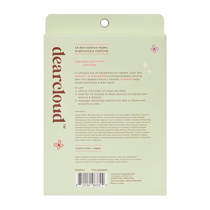 dearcloud Purrty Radiance Illuminating Glow Dew Essence Face Mask, Korean Sheet Mask - Vitamin C, Niacinamide & Turmeric (3 Count)