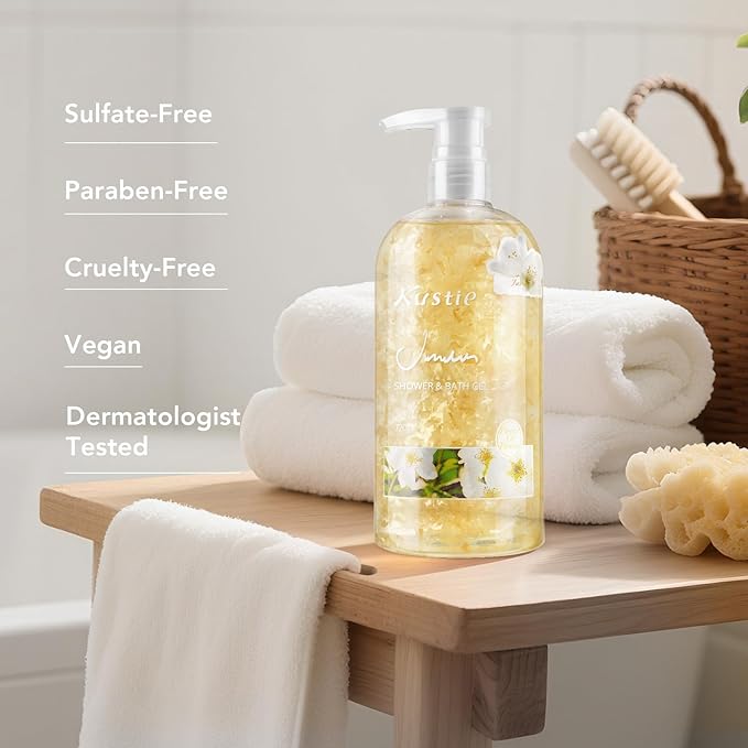 Kustie Jasmine Body Wash Deep Moisturizing Shower Gel - Real Petals, Hyaluronic Acid, Niacinamide & Squalane, Rich Lather, Long-Lasting Natural Scent for Dry & Sensitive Skin, 24.3 fl oz
