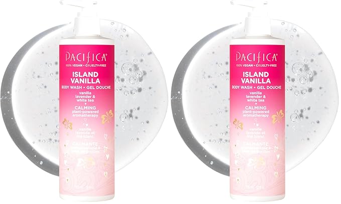 Pacifica Island Vanilla Body Wash Aloe + Hyaluronic Acid,Daily Cleansing,Bath&Shower Gel,Essential Oils,Clean,Vegan + Cruelty&Paraben Free,Clean Beauty Vegan Dermatologist Tested,12 Fl Oz,(Pack of 2)