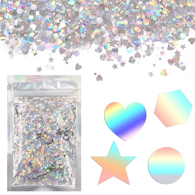 Holographic Silver - Face & Body Glitter - Chunky Glitter - Uses Include: Holidays, Cheerleading, Festival, Rave, Hair, Makeup, Face, Body, Nails, Resin, Arts & Crafts, Resin, Tumblers, Bath Bombs