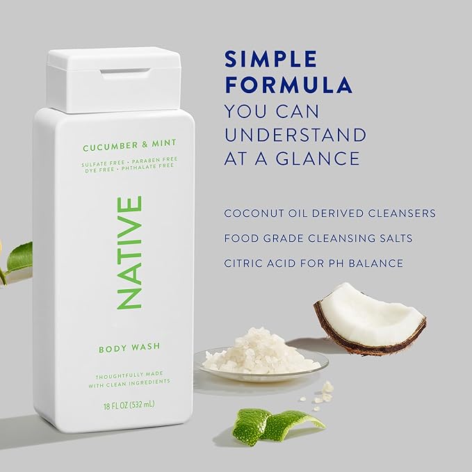 Native Body Wash Contains Naturally Derived Ingredients | For Women & Men, Sulfate, Paraben, & Dye Free Leaving Skin Soft and Hydrated | Cucumber & Mint 18 oz