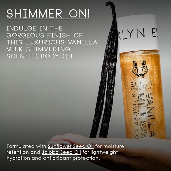 Ellis Brooklyn VANILLA MILK Shimmer Scented Body Oil, Champagne Glow, Moisturizing, Fast-Absorbing, Vegan, Cruelty-Free, Sustainable Ingredients, Made in USA, 95ml/3.2 fl oz