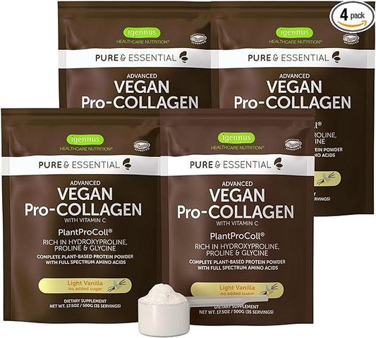 Igennus Advanced Vegan Vanilla Collagen Peptide Powder, Enhanced with Glycine, Proline & Hydroxyproline & Cofactor Vitamin C, Non GMO, Vegetarian Plant Based Collagen Powder Booster, 140 Servings