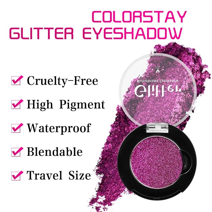 Purple Glitter Eyeshadow, Highly Pigmented Sparkly Metallic Bright Chrome Eye Shadow for Gothic Smoky Look, Long Last Holographic Rose Violet Shimmer Eye Shadow for Women and Girls, Vegan, Talc Free