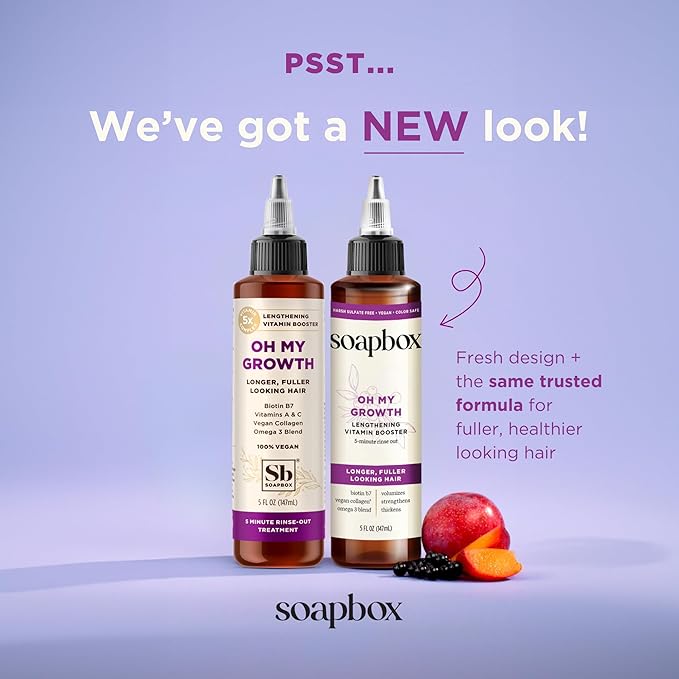 Soapbox Oh My Growth, Lengthening Vitamin Booster Treatment for All Hair Types with Biotin, Vegan Collagen & Vitamins A & C, Paraben & Cruelty Free, For Thicker, Fuller Hair for Men & Women (5 oz)