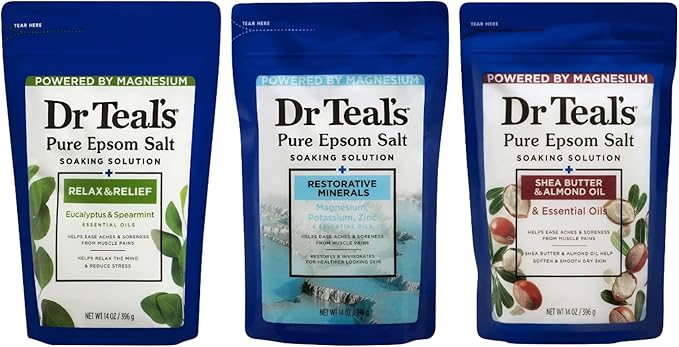 Dr Teal's Holiday Edition Pure Epsom Salt Gift Set, 3 Pack with Eucalyptus Spearmint, Restorative Minerals, Shea Butter, 14 oz Each with Body Lotion Sample
