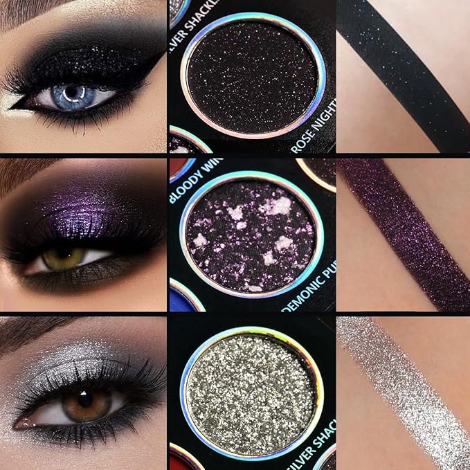 DE'LANCI Red Blue Multichrome Eyeshadow Palette, High Pigment Metallic Silver Shimmer Eyeshadow for Goth, Clown/Joker Smoky Makeup, Longwear Vegan Chameleon Iridescent Black Halloween Cosplay Party