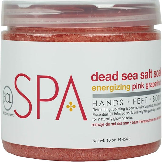Be Care Love (BCL) Spa Energizing Pink Grapefruit Dead Sea Salt Soak – Professional Uplifting Foot Soak for Pedicure & Manicure, Softens Skin, Relaxing Spa Self Care for Women, Made in USA, 16 oz